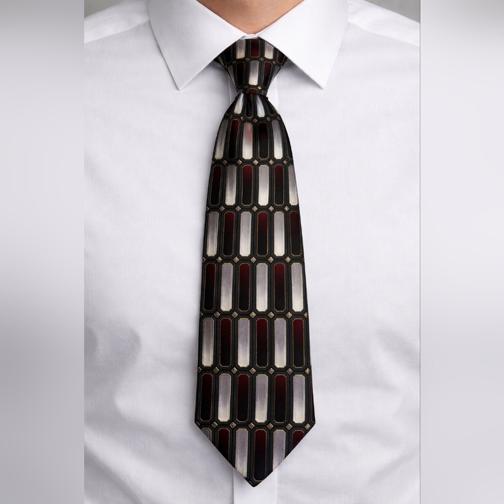 GIORGIO BRUTINI Maroon Silver and Gray Geometric Tile Silk Tie